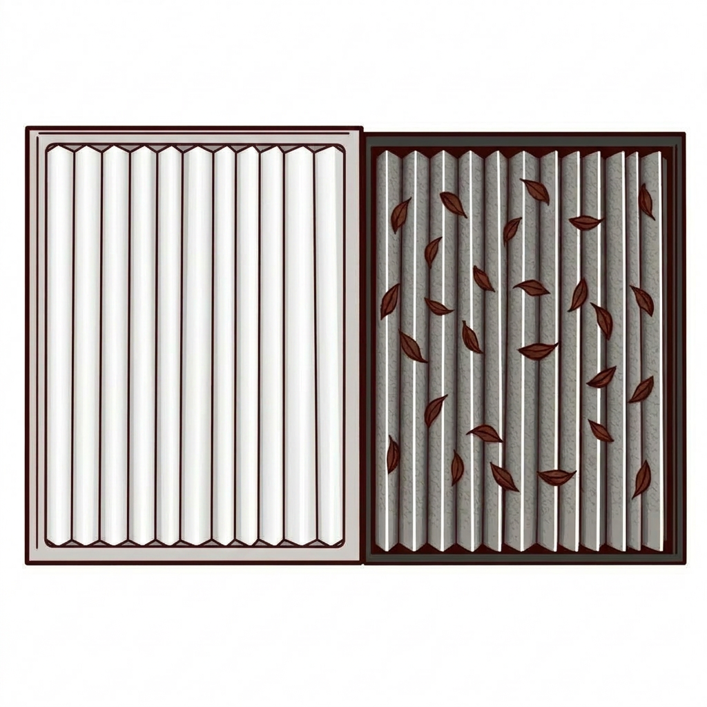 New clean white cabin air filter next to old dirty cabin air filter, gloved hand holding them