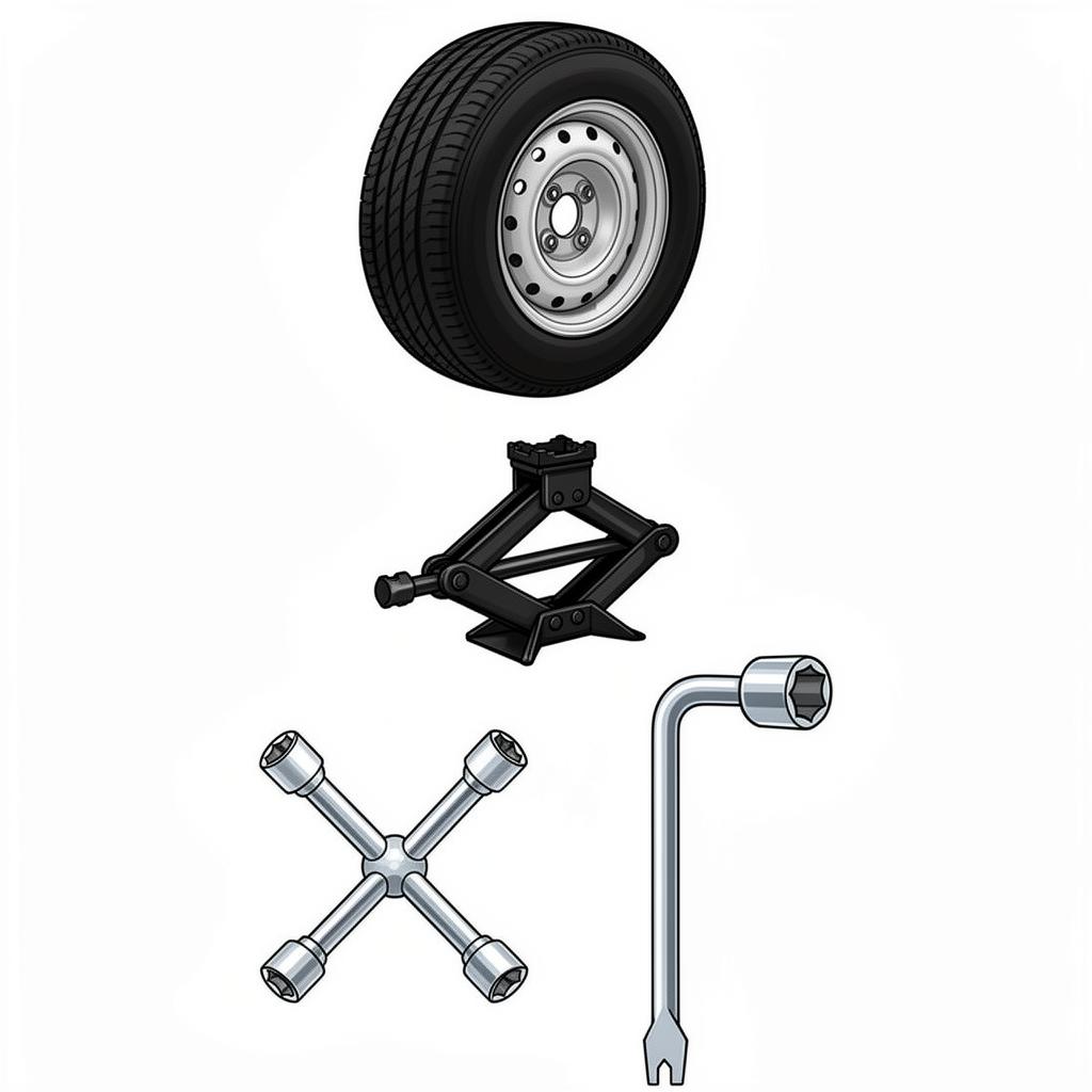 Spare tire, scissor jack, crossed four-way lug wrench, and single telescoping lug wrench — the tools needed to change a flat tire