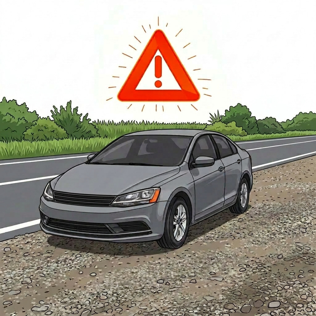 Car safely on road shoulder with hazard lights and warning triangle
