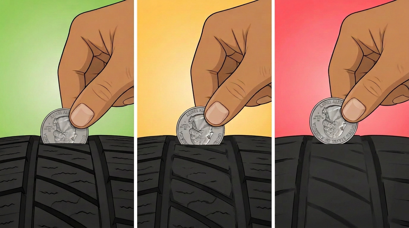 Quarter test: three panels showing a quarter inserted into a tire tread groove. Left: deep tread covers most of Washington's head (good). Middle: medium tread covers half the head (replace soon). Right: shallow tread shows the whole head (replace now).